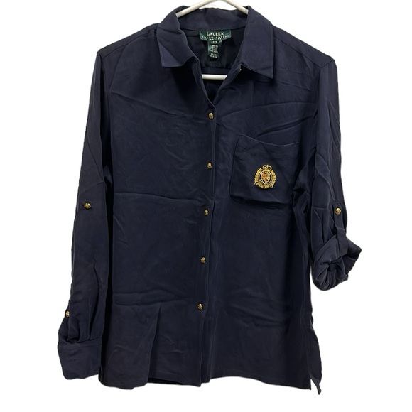 Silk Lauren Ralph Lauren Button Up Long Roll Tab Sleeve Embroidered Crest Shirt - Picture 3 of 9